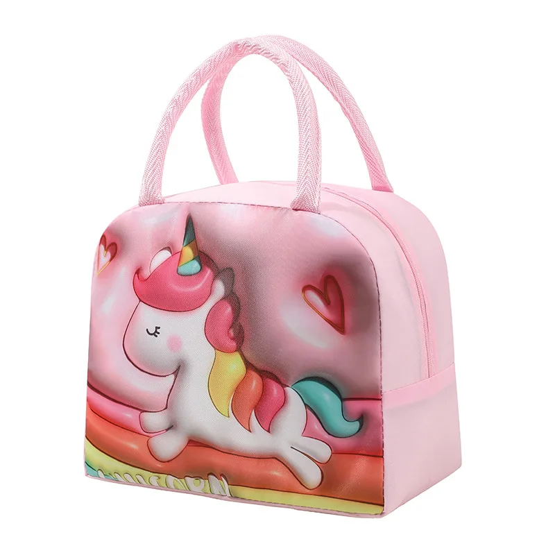 Sac isotherme enfant rose avec motif licorne, arc-en-ciel et cœurs, fermé, deux anses tressées