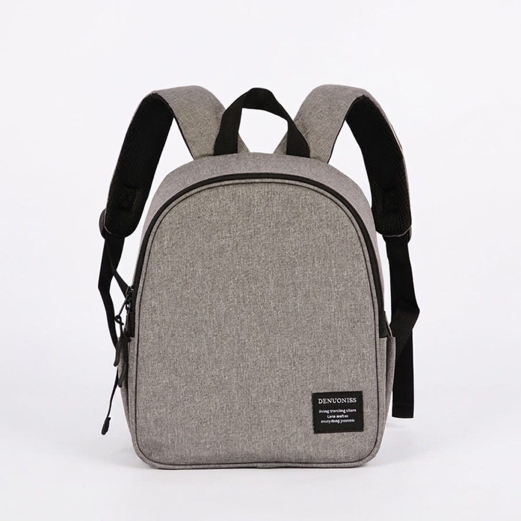 Sac à dos isotherme EVA gris chiné, fermé, avec bretelles rembourrées et fermeture éclair noire sur le dessus