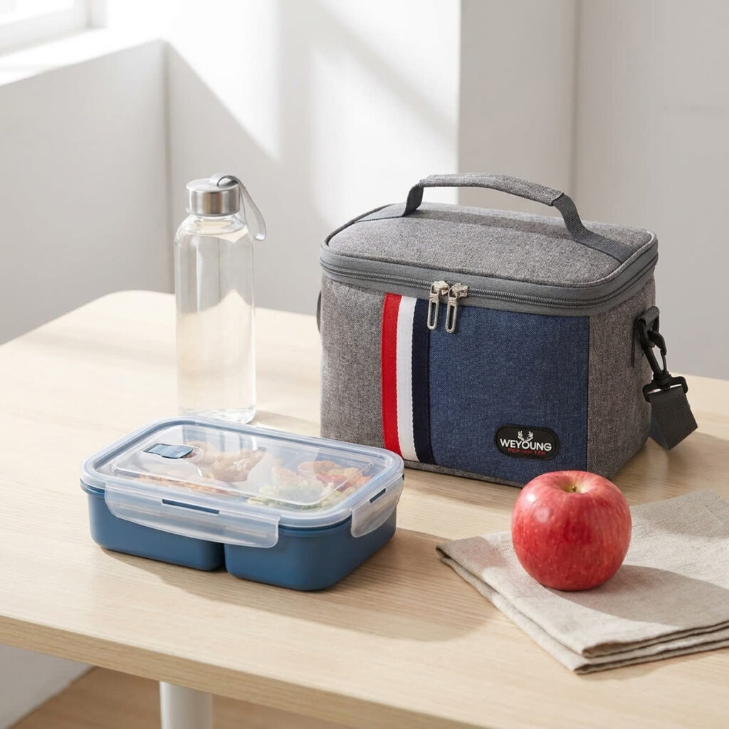 Sac isotherme repas rayé en situation - déjeuner sur table en bois avec lunchbox et accessoires